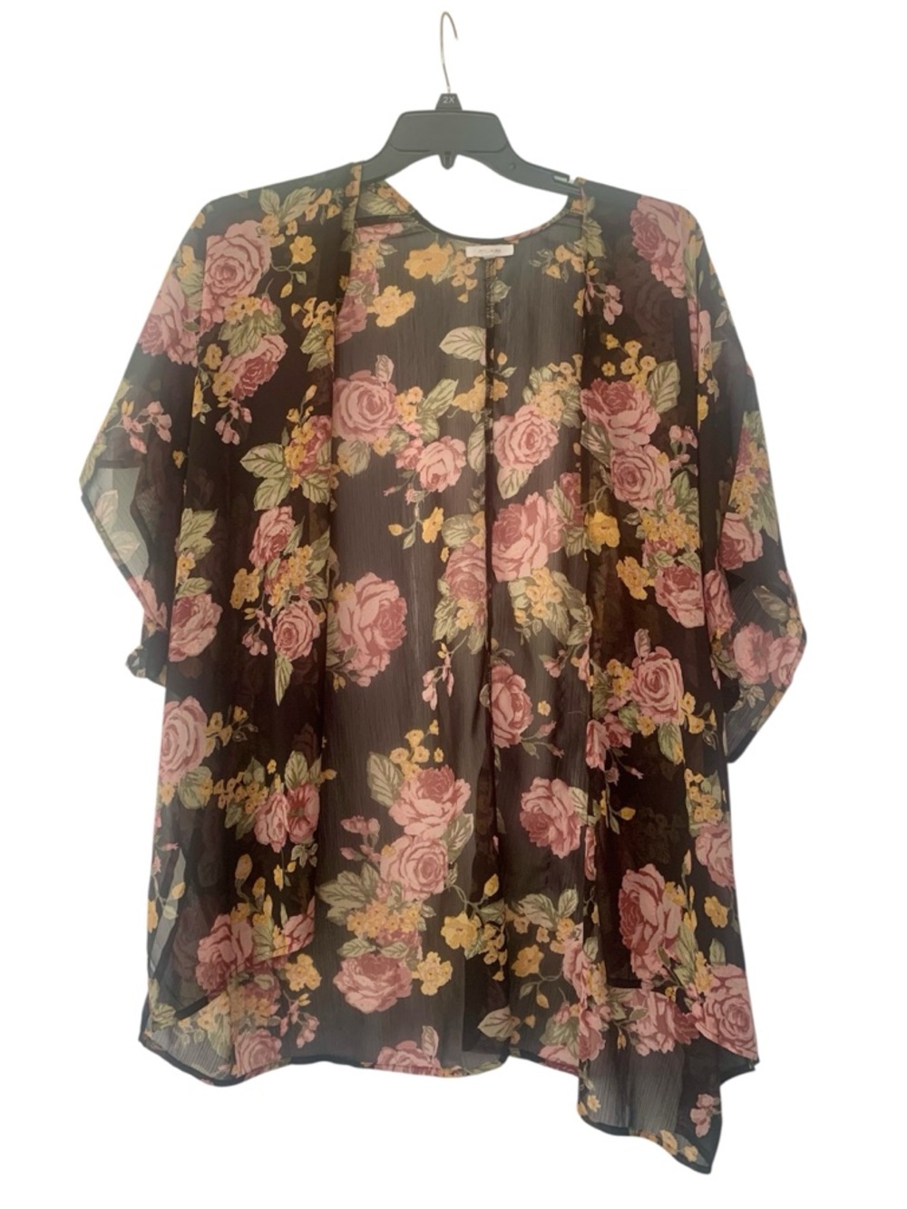 Maurice’s Kimono Floral Sheer- Black with Pink Flowers/Roses One Size